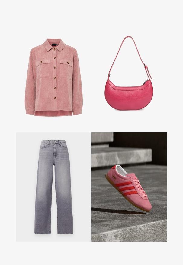 Roze corduroy overhemdjack met lange mouwen, twee borstzakken en bruin knopen. Heeft een klassieke kraag en een gestructureerde ribstof.; Hoge taille, wijde pijpen jeans van lichtgrijs denim. Voorzien van een klassiek vijf-pocket ontwerp, subtiele vervaging en een metalen knoopsluiting.; Roze suède sneaker met rode strepen, een rubberen zool en roze veters. Heeft het "Adidas Gazelle"-logo aan de zijkant.; Roze leren handtas met een gebogen vorm, een enkele verstelbare schouderriem en een ritssluiting aan de bovenkant. Geprofileerde afwerking met zichtbare kreukels.