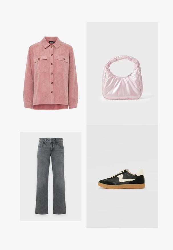 Rosa Kordjacke mit langen Ärmeln, zwei Brusttaschen und braunen Knöpfen. Sie verfügt über einen klassischen Kragen und einen strukturierten, gerippten Stoff.; Graue gerade geschnittene Jeans aus Denim mit vorderer Knopfleiste, Reißverschluss und fünffacher Taschenanordnung, vor weißem Hintergrund dargestellt.; Schwarze Wildleder- und Leder-Sneaker mit einem cremefarbenen Seiten-Swoosh und einer hellcremefarbenen Ferse. Ausgestattet mit beige Schnürsenkeln und einer Gummilaufsohle.; Rosa, gepolsterte Handtasche mit abgerundeter Form, aus glänzendem Material gefertigt. Verfügt über einen gerafften Griff und einen Reißverschluss für sicheren Zugang.