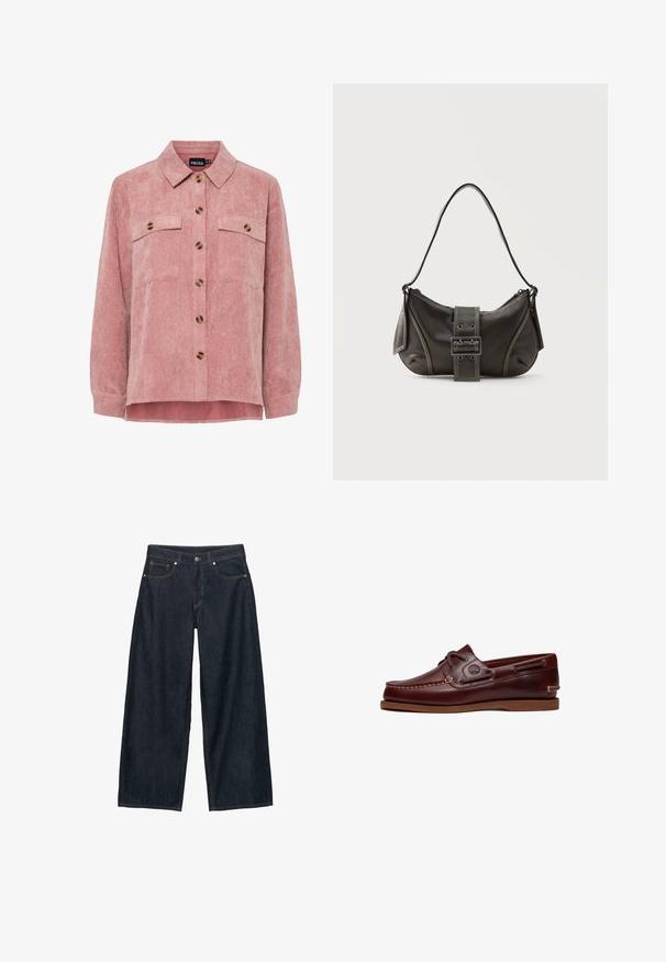 Roze corduroy overhemdjack met lange mouwen, twee borstzakken en bruin knopen. Heeft een klassieke kraag en een gestructureerde ribstof.; Donkere denim jeans met wijde pijpen en een hoge taille, voorzien van zakken aan de voorkant, contrasterende stiksels en een knoopsluiting. Gladde textuur.; Bruine leren boot schoen met veters, stiksel details en Timberland-logo aan de zijkant, weergegeven op een witte achtergrond.; Zwarte leren schoudertas met gespsluiting aan de riem, afgeronde hoeken en contrasterende witte stiksels op een effen achtergrond.