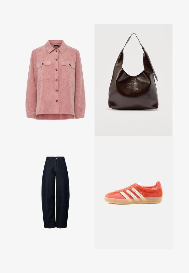 Rosa Kordjacke mit langen Ärmeln, zwei Brusttaschen und braunen Knöpfen. Sie verfügt über einen klassischen Kragen und einen strukturierten, gerippten Stoff.; Hellebänder dunkelblaue Jeans mit weitem Bein und hoher Taille, versehen mit kontrastierendem orangefarbenem Nähen und einem Knopfverschluss auf der Vorderseite.; Oranger Adidas Gazelle Sneaker mit weißen Streifen und Gummisohle, Seitenansicht vor hellem, einfarbigem Hintergrund.; Dunkelbraune glänzende Lederschultertasche mit einem breiten einzelnen Riemen und Schnallendetail auf einer Seite, vor einem schlichten hellen Hintergrund.