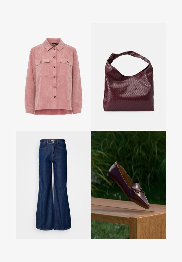 Rosa Kordjacke mit langen Ärmeln, zwei Brusttaschen und braunen Knöpfen. Sie verfügt über einen klassischen Kragen und einen strukturierten, gerippten Stoff.; Hochtaillierte, weit geschnittene Jeans aus dunkelblauem Denim mit fünf Taschen und einem metallischen Knopfverschluss. Glatte Textur und subtile Steppdetails.; Brauner Lederloafer mit Schleifendetail, der über einer Holzbank schwebt, grüne Blätter im unscharfen Hintergrund.; Bordeauxfarbene Tasche mit einer strukturierten, gewebten Musterung, weichem Leder und einem einzelnen, verknoteten Griff. Geräumiges Hobo-Design.