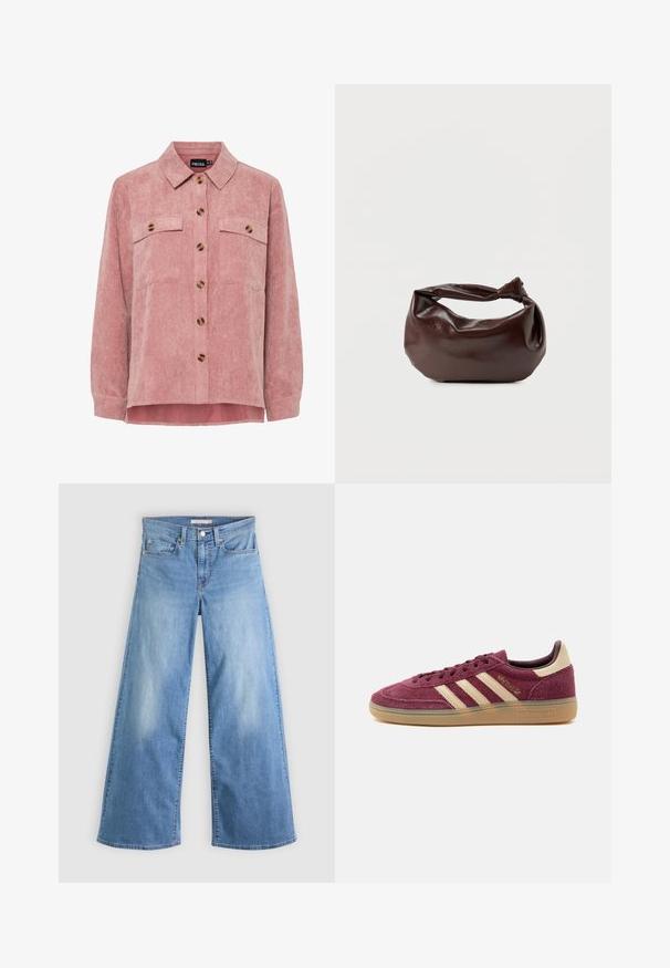Rosa Kordjacke mit langen Ärmeln, zwei Brusttaschen und braunen Knöpfen. Sie verfügt über einen klassischen Kragen und einen strukturierten, gerippten Stoff.; Hellblaue Jeans mit weitem Bein aus Denim, mit hoher Taille, vorderem Reißverschluss und Knopfverschluss sowie klassischem Fünf-Taschen-Design.; Niedrig geschnittener, kastanienbrauner Wildleder-Sneaker mit beigen Adidas-Streifen, Gummisohle und goldener „Spezial“-Beschriftung an der Seite, auf weißem Hintergrund dargestellt.; Dunkelbraune Lederschultertasche mit weicher, lockerer Form und einem gedrehten Knotengriff vor schlichtem weißem Hintergrund.