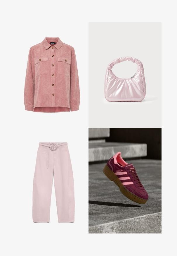 Roze corduroy overhemdjack met lange mouwen, twee borstzakken en bruin knopen. Heeft een klassieke kraag en een gestructureerde ribstof.; Wijde broek in lichtroze met hoge taille, voorzakken en een bijpassende koordriem die aan de voorkant in een knoop is gebonden.; Bordeauxrode suède sneaker met roze accenten, voorzien van drie strepen, een getextureerde gumzool en een versterkte neuskap. Strak ontwerp, laag profiel.; Roze, gevoerde handtas met een afgeronde vorm, gemaakt van glanzend materiaal. Beschikt over een geplooide handgreep en een ritssluiting voor veilige toegang.