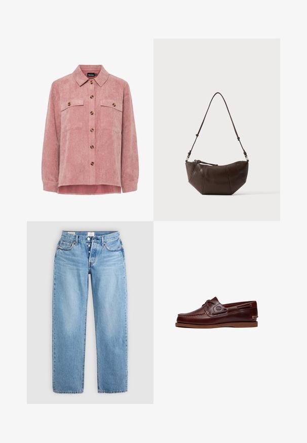 Roze corduroy overhemdjack met lange mouwen, twee borstzakken en bruin knopen. Heeft een klassieke kraag en een gestructureerde ribstof.; Lichtblauwe spijkerbroek met een recht model, vijf zakken en een knoopsluiting. Heeft gestikte details en een nette zoom.; Bruine leren boot schoen met veters, stiksel details en Timberland-logo aan de zijkant, weergegeven op een witte achtergrond.; Bruine leren schoudertas met een gebogen onderkant en een verstelbare riem tegen een effen lichte achtergrond.