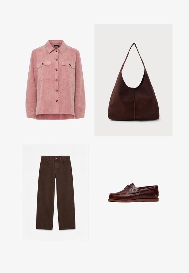 Veste en velours côtelé rose avec des manches longues, deux poches poitrine et des boutons marron. Elle comporte un col classique et un tissu texturé à côtes.; Pantalon droit taille haute marron foncé avec bouton à l'avant, fermeture éclair, passants de ceinture et design cinq poches.; Chaussure bateau en cuir marron avec lacets, détails de couture et logo Timberland sur le côté, présentée sur un fond blanc.; Sac hobo en daim marron avec une grande ouverture courbée et une large bandoulière. Présente une couture centrée à l'avant. Texture lisse.