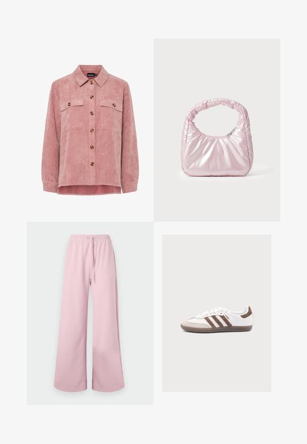 Roze corduroy overhemdjack met lange mouwen, twee borstzakken en bruin knopen. Heeft een klassieke kraag en een gestructureerde ribstof.; Lichtroze wijde broek met een elastische tailleband en trekkoorddetails, tentoongesteld tegen een neutrale achtergrond.; Witte Adidas Samba sneaker met bruine suède strepen, bruine suède neus en gumzool op een lichtgrijze achtergrond.; Roze, gevoerde handtas met een afgeronde vorm, gemaakt van glanzend materiaal. Beschikt over een geplooide handgreep en een ritssluiting voor veilige toegang.