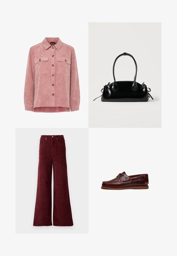Roze corduroy overhemdjack met lange mouwen, twee borstzakken en bruin knopen. Heeft een klassieke kraag en een gestructureerde ribstof.; Burgundy wijde corduroy broek met hoge taille, voorzakken en een knoopsluiting. Geweven ribstof over de gehele lengte.; Bruine leren boot schoen met veters, stiksel details en Timberland-logo aan de zijkant, weergegeven op een witte achtergrond.; Kleine zwarte glanzende handtas met twee lange hengsels en zijkant trekkoord details op een effen lichte achtergrond.