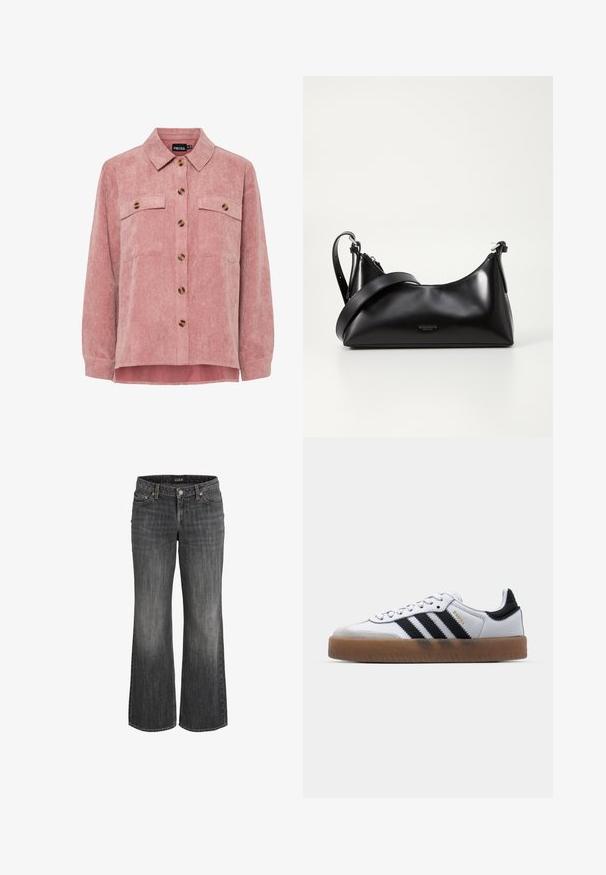 Rosa Kordjacke mit langen Ärmeln, zwei Brusttaschen und braunen Knöpfen. Sie verfügt über einen klassischen Kragen und einen strukturierten, gerippten Stoff.; Schwarze, verwaschene Straight-Leg-Jeans aus Denim mit Frontknopf, Gürtelschlaufen und Fünf-Taschen-Design.; Weiße Leder Sneakers mit schwarzen Streifen, Gummigummi-Außensohle, runder Zehenform, Schnürverschluss und weichem grauem Wildleder-Zehenkappe.; Schwarze lederne Handtasche mit glatter Textur. Verfügt über einen verstellbaren Riemen und ein elegantes, minimalistisches Design mit einem Reißverschluss.