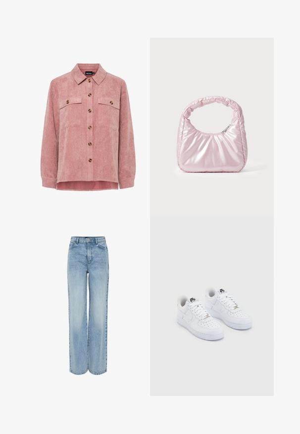 Veste en velours côtelé rose avec des manches longues, deux poches poitrine et des boutons marron. Elle comporte un col classique et un tissu texturé à côtes.; Jean large en denim bleu clair. Dispose d'une taille haute, d'un style à cinq poches et d'un léger dégradé pour la texture. Fermeture classique à bouton et zip.; Baskets Nike Air Force 1 blanches avec une tige en cuir lisse, un embout perforé, des lacets blancs et un logo noir sur la languette.; Sac à main rose rembourré avec un design arrondi, fabriqué à partir d'un matériau brillant. Dispose d'une poignée froncée et d'une fermeture éclair pour un accès sécurisé.