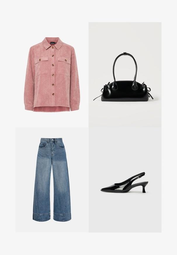 Rosa Kordjacke mit langen Ärmeln, zwei Brusttaschen und braunen Knöpfen. Sie verfügt über einen klassischen Kragen und einen strukturierten, gerippten Stoff.; Weit geschnittene blaue Jeans aus Denim mit hoher Taille, vorderen Knöpfen und Reißverschluss, zwei vorderen Taschen und umgeschlagenen Säumen.; Schwarze Lackleder Slingback-Schuhe mit spitzem Zehenbereich und niedrigem Blockabsatz. Verstellbarer Riemen mit Schnalle am Knöchel.; Kleine schwarze glänzende Handtasche mit zwei langen Griffen und seitlichen Kordelzug-Details vor einfachem hellem Hintergrund.