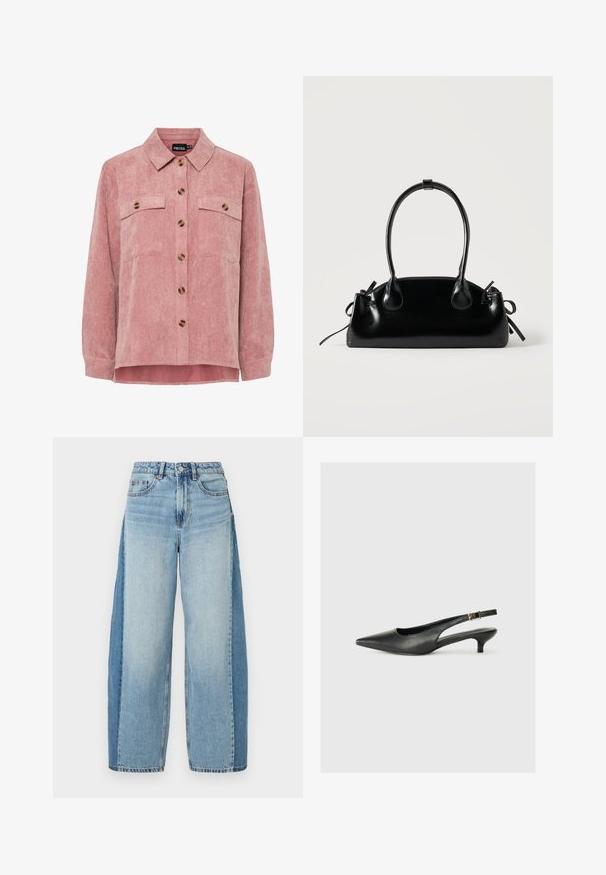 Veste en velours côtelé rose avec des manches longues, deux poches poitrine et des boutons marron. Elle comporte un col classique et un tissu texturé à côtes.; Jean large en denim bleu clair avec une finition délavée, design à cinq poches, braguette à boutons et ourlets effilochés. Texture usée et accents de couture.; Chaussure slingback noire à bout pointu en cuir lisse. Présente un talon fin et un détail de boucle sur la sangle réglable.; Petit sac à main noir brillant avec deux longues anses et des détails à cordon sur les côtés sur un fond clair uni.