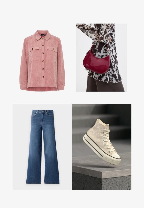 Roze corduroy overhemdjack met lange mouwen, twee borstzakken en bruin knopen. Heeft een klassieke kraag en een gestructureerde ribstof.; Bredere blauwe denim jeans met een standaard tailleband, steekzakken en een gladde textuur. Geen zichtbare patronen of versieringen.; Beige high-top sneaker met witte paisley-patronen en dikke zool, zwevend boven een grijze betonnen rand tegen een donkere, wazige achtergrond.; Vrouw met een zwart-wit gebloemde blouse houdt een glanzende rode schoudertas vast tegen een effen achtergrond.