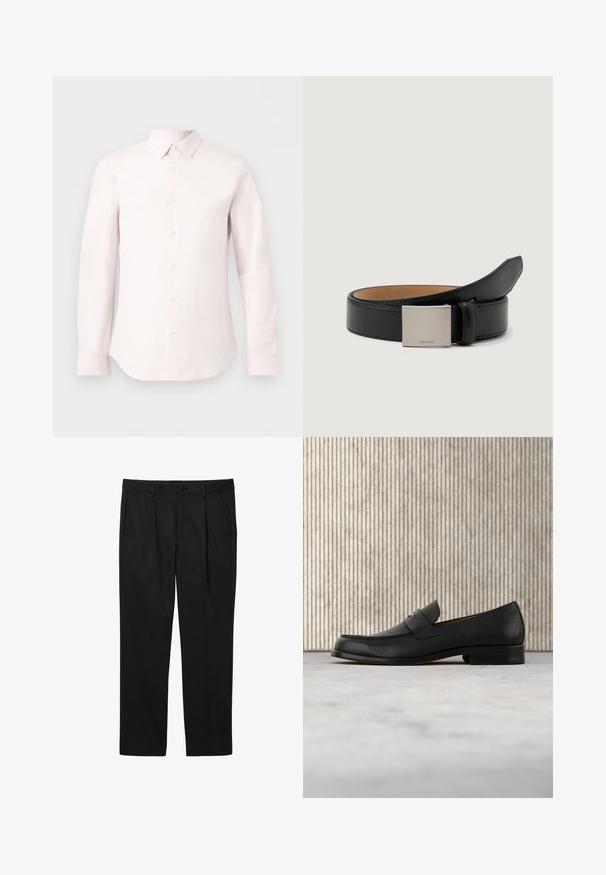 Chemise à manches longues rose clair avec boutons, col pointu et poignets boutonnés, présentée sur un fond blanc uni.; Pantalons formels noirs pour hommes avec poches avant, passants pour ceinture, fermeture par bouton et coupe droite.; Mocassin en cuir noir flottant au-dessus d'un tapis beige avec une table ronde brune brillante en arrière-plan.; Ceinture en cuir noir au fini lisse, avec une boucle carrée en argent gravée "Calvin Klein" et une doublure intérieure en marron.