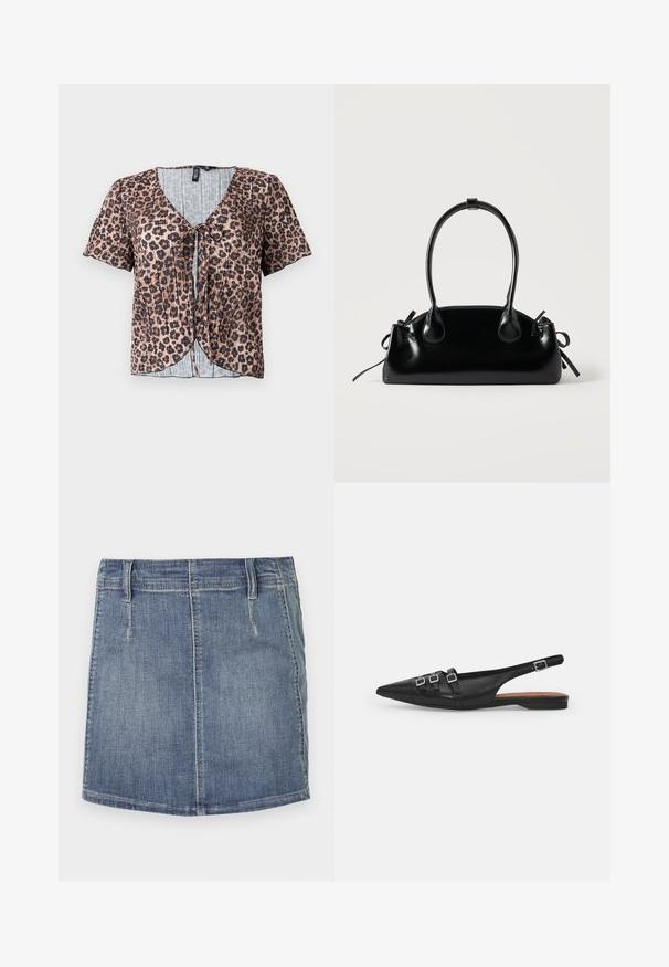 Korte ærmer, plisseret top i leopardmønster med v-hals og knyt foran. Har et lyseblåt, ternet indre lag.; Denim mini nederdel i lys blå med en klassisk pasform. Har forlommer og bæltestropper, samt en lige kant og subtil lysning.; Sort læderslyngeflad sko med spids tå, der har to vandrette stropper og firkantede sølvspænder, lav hæl og glat tekstur.; Lille sort blank håndtaske med to lange håndtag og snøre-detaljer i siden på en ensfarvet lys baggrund.