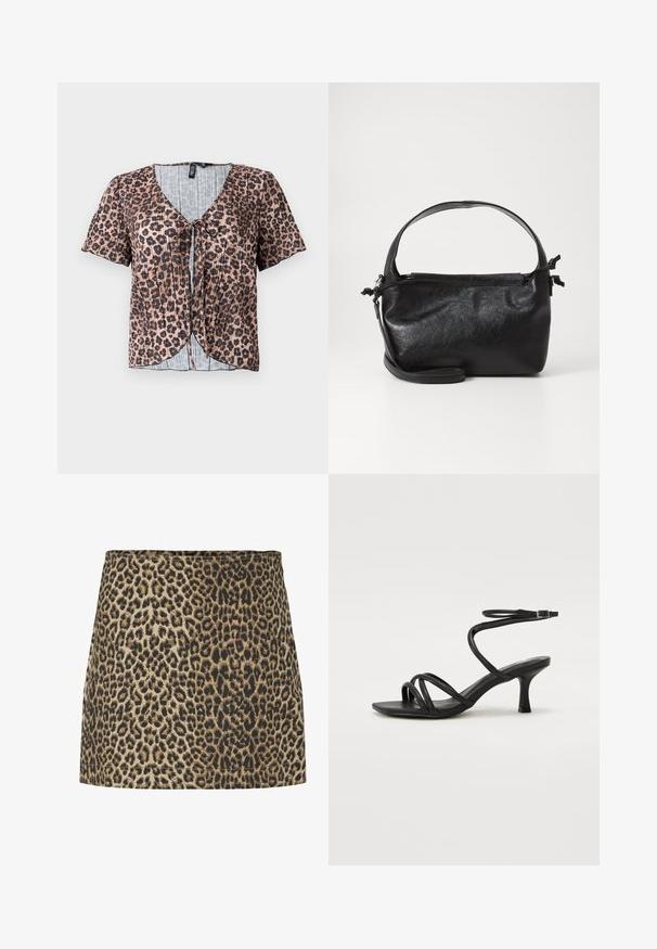 Korte ærmer, plisseret top i leopardmønster med v-hals og knyt foran. Har et lyseblåt, ternet indre lag.; Mini nederdel i leopardmønster i beige og sort, lavet af blødt stof med en glat tekstur og en lige pasform, med en enkel taljeelastik.; Even&Odd Wide Fit by Zalando Sandaler - black; Sort læderhåndtaske med et struktureret design, rund tophåndtag og aftagelig skulderrem. Den har en glat tekstur og en subtil glans.
