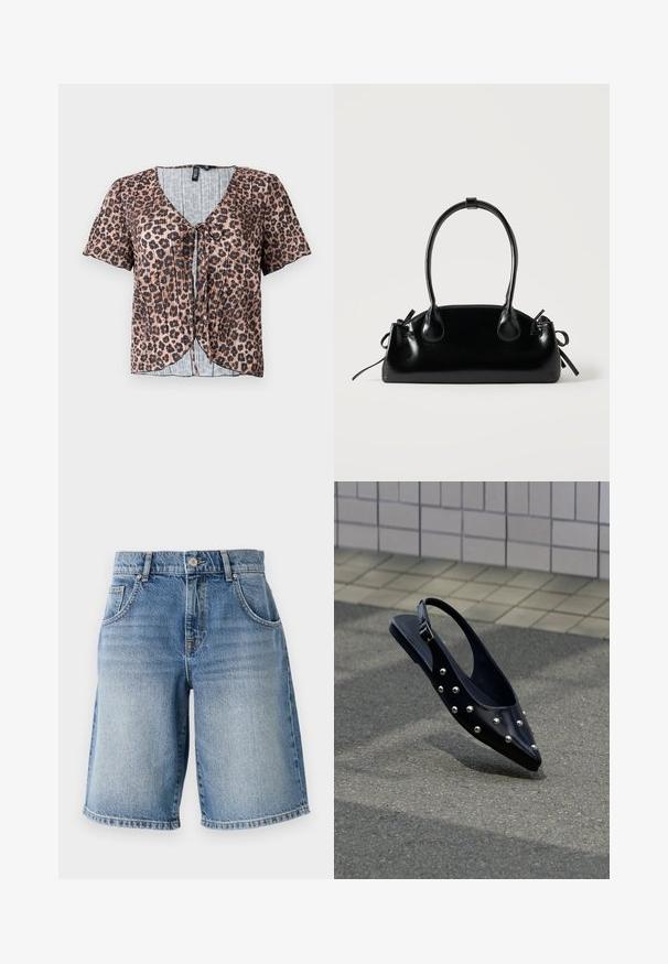 Top de manga corta, con pliegues y estampado de leopardo, con escote en V y lazo al frente. Presenta una capa interior a rayas azul clara.; Pantalones cortos de mezclilla en azul claro con un corte recto, cinco bolsillos y herrajes de bronce. Presentan un dobladillo deshilachado y una textura de lavado desgastado.; Zapato slingback negro puntiagudo con tachuelas plateadas, flotando sobre el asfalto cerca de una pared con azulejos de fondo.; Pequeño bolso negro brillante con dos asas largas y detalles de cordón lateral sobre un fondo claro liso.