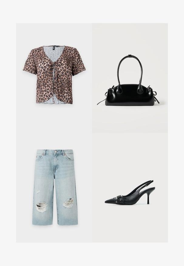 Top de manga corta, con pliegues y estampado de leopardo, con escote en V y lazo al frente. Presenta una capa interior a rayas azul clara.; Pantalones cortos de mezclilla azul claro con un corte holgado, que presentan dos grandes desgastes en la parte delantera. Cinco bolsillos y un cierre metálico visible.; Zapato de tacón alto tipo slingback de piel negra con puntera puntiaguda, con hebilla y detalle de tira con ojetes en la parte delantera.; Pequeño bolso negro brillante con dos asas largas y detalles de cordón lateral sobre un fondo claro liso.