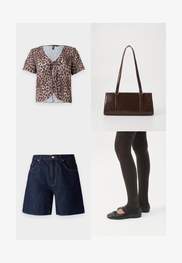 Top de manga corta, con pliegues y estampado de leopardo, con escote en V y lazo al frente. Presenta una capa interior a rayas azul clara.; Shorts de mezclilla en azul oscuro con costuras en naranja contrastante. Presenta cinco bolsillos, un cierre de botón y un diseño de pierna recta.; Piernas con leggings oscuros acanalados combinados con bailarinas negras que presentan pequeños detalles de lazo sobre un fondo blanco.; Bolso de mano de piel sintética marrón con forma rectangular, dos asas largas y sutiles acentos curvados en la parte delantera.
