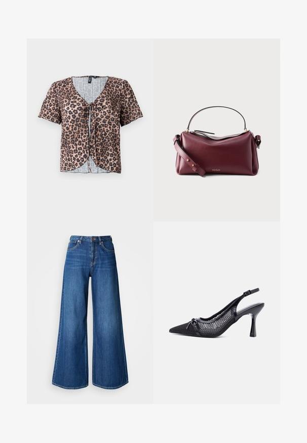 Korte ærmer, plisseret top i leopardmønster med v-hals og knyt foran. Har et lyseblåt, ternet indre lag.; Blå viddeben jeans lavet af denim. Har høj talje, rene linjer og kontrastsyninger. Benene flæner markant ud ved kanten.; Sort spids slingback højhælet sko med mesh bikagemønster og lille dekorativ sløjfe foran.; Mørkerød lædertaske med top håndtag, justerbar skulderrem, guldfarvet hardware og lille "NEOUS" logo på forsiden.