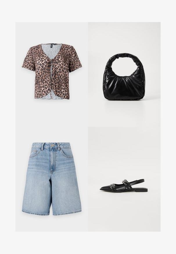 Top de manga corta, con pliegues y estampado de leopardo, con escote en V y lazo al frente. Presenta una capa interior a rayas azul clara.; Pantalones cortos de mezclilla azul claro con una cintura alta, piernas anchas y bolsillos frontales. Presenta un botón superior y cierre de cremallera. Textura de acabado desgastado.; Even&Odd by Zalando Bailarinas con tira trasera - black; Bolso negro acolchado con un asa redondeada, que presenta una superficie lisa y brillante y una textura suave y acolchada. Sin herrajes ni acentos visibles.