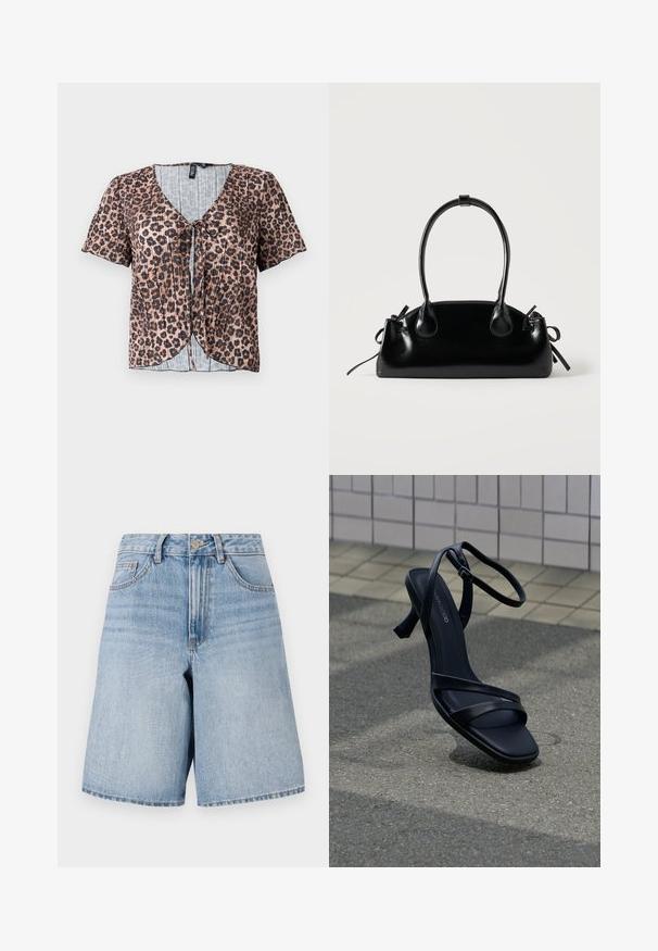 Korte ærmer, plisseret top i leopardmønster med v-hals og knyt foran. Har et lyseblåt, ternet indre lag.; Sandyblå denimshorts med høj talje, vide ben og forlommer. Har en øverste knap og lynlåslukning. Slidt look.; Sort højhælet sandal med stropper og ankelspænde, der svæver over tekstureret gråt fortov med flisebelagt væg i baggrunden.; Lille sort blank håndtaske med to lange håndtag og snøre-detaljer i siden på en ensfarvet lys baggrund.