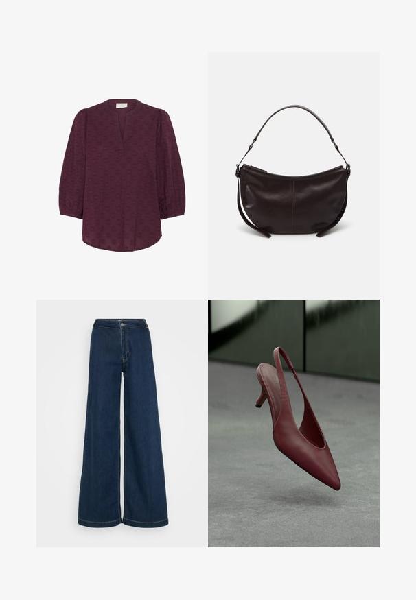 Kaffe KAENYA 3/4 SLEEVELESS - Blouse - windsor wine; Jeans en denim à jambes larges de couleur bleu foncé, avec taille haute, fermeture à bouton et détails de couture subtils le long des coutures.; Escarpin à talon kitten en cuir bourgogne avec bout pointu, flottant au-dessus d'une surface grise texturée devant un mur vert foncé.; Sac à épaule en cuir marron foncé avec une forme courbe, texture lisse et une seule sangle réglable. Doté d'une fermeture éclair.