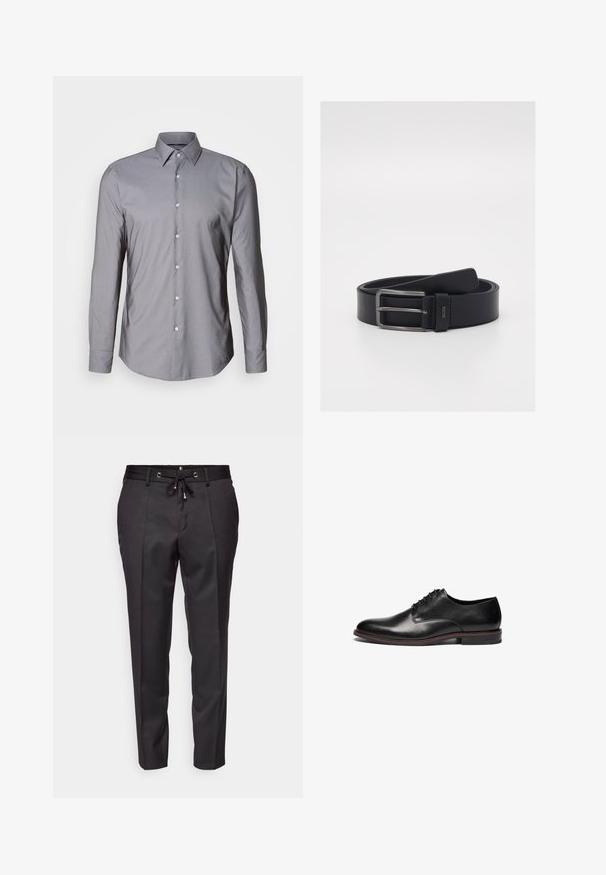 Graues Langarm-Hemd mit Knopfleiste, strukturiertem Kragen, vorderer Knopfleiste und glatter Textur. Hat eine leicht taillierte Passform.; Schwarze maßgeschneiderte Hose mit einem verstellbaren Bund, gefalteter Front und umgeschlagenen Säumen. Hergestellt aus glattem Stoff mit strukturiertem Sitz.; Schwarze Lederanzugschuhe mit runder Zehenpartie, fünf Ösen Schnürdesign und einer kontrastierenden braunen Sohle. Glatte Textur mit minimalen Akzenten.; Schwarzer Ledergürtel mit schlankem Design, silberner Metallschnalle und glatter Oberfläche. Logodetail in der Nähe der Schnalle.