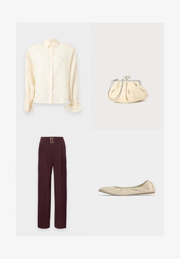 Chemise boutonnée crème à manches longues avec col pointu et nœuds noués aux poignets sur un fond clair.; Pantalon taille haute de couleur bordeaux foncé avec deux sangles à boucle dorée en haut et une coupe droite.; Ballerine beige en cuir souple avec bout arrondi, profil latéral bas et semelle fine en caoutchouc sur fond blanc uni.; Pochette en cuir beige plissé avec un cadre en métal argenté, dotée de deux fermoirs ronds décoratifs et d'une chaîne en argent.