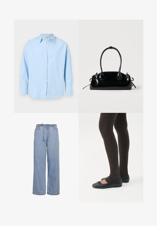 Chemise bleu clair à manches longues avec col pointu et poignets, présentée à plat avec tous les boutons fermés sauf le bouton supérieur ouvert.; Pantalon en denim bleu clair à jambes larges avec une taille haute élastique et une ceinture assortie en tissu nouée à l'avant.; Jambes portant des leggings côtelés foncés associés à des ballerines noires avec de petits détails en nœud sur fond blanc.; Petit sac à main noir brillant avec deux longues anses et des détails à cordon sur les côtés sur un fond clair uni.