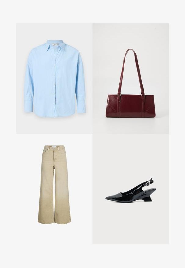 Chemise bleu clair à manches longues avec col pointu et poignets, présentée à plat avec tous les boutons fermés sauf le bouton supérieur ouvert.; Jean beige à taille haute et jambes larges, avec bouton et fermeture éclair à l'avant, passants pour ceinture et poches avant.; Chaussure slingback en cuir verni noir avec bout pointu et petit talon bloc incliné sur fond clair uni.; Sac à main bordeaux en matériau brillant, de forme rectangulaire, avec deux anses et des accents légèrement courbés à l'avant.