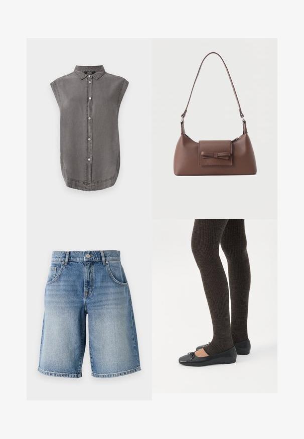 Grå ærmeløs skjorte med krave, frontknaplukning og buet kant. Lavet af blødt stof med en subtil tekstur.; Lysblå denimshorts med lige pasform, fem lommer og bronzefarvet hardware. Har en rå kant og en falmet vaskemæssig struktur.; Ben iført mørke ribbede leggings kombineret med sorte balletsko med små sløjfedetaljer på hvid baggrund.; Brun skuldertaske i læder med en frontlomme med klap, der har en sydd sløjfedetalje, og en justerbar rem.