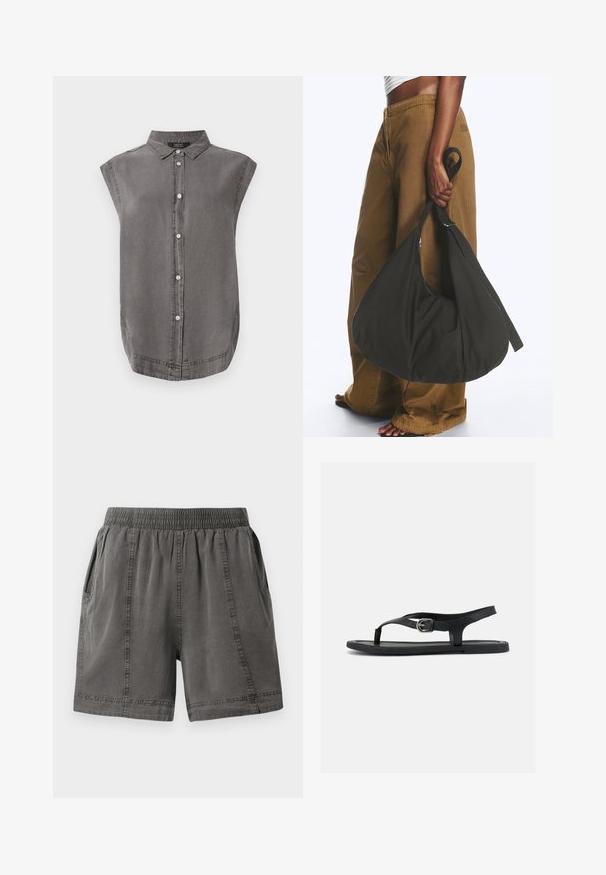 Grijze mouwloze shirt met een kraaghals, knoopsluiting aan de voorkant en een gebogen zoom. Gemaakt van zacht materiaal met een subtiele textuur.; Grijze korte broek van katoenmix met een elastische tailleband, zijzakken en gestikte details langs de naden. Zachte textuur en casual pasvorm.; Zwarte platte sandaal met enkelriempje, teenstuk en zilveren gesp op een gladde zool, zijaanzicht op witte achtergrond.; Persoon met bruine wijde broek en wit topje houdt een grote zwarte zachte handtas aan het hengsel bij hun zijde vast.