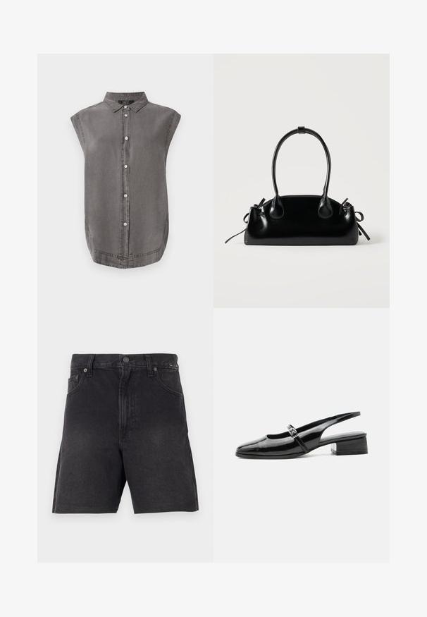 Grijze mouwloze shirt met een kraaghals, knoopsluiting aan de voorkant en een gebogen zoom. Gemaakt van zacht materiaal met een subtiele textuur.; Zwarte denim shorts met een rechte snit, voorzien van een knoopsluiting, zijzakken en een gestructureerde stof. Minimalistisch ontwerp, zonder zichtbare patronen.; Zwarte lakleren slingback schoen met een lage blokhak en een dunne band met zilveren gesp bovenop.; Kleine zwarte glanzende handtas met twee lange hengsels en zijkant trekkoord details op een effen lichte achtergrond.