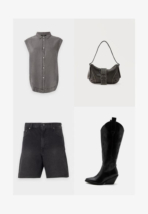 Grå ærmeløs skjorte med krave, frontknaplukning og buet kant. Lavet af blødt stof med en subtil tekstur.; Sorte denimshorts med lige snit, der har en knaplukning, frontlommer og et tekstureret stof. Minimalistisk design uden synlige mønstre.; Sort læder cowboystøvle med spidst tåparti, skråt blokhælhæl, dekorative sømme og trækstropper øverst mod hvid baggrund.; Sort læder skuldertaske med spænde på remmen, afrundede kanter og kontrasterende hvide syninger på en ensfarvet baggrund.