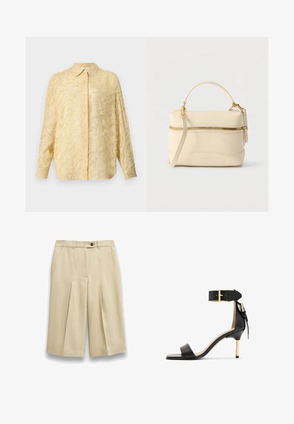 Lys gul bluse med lange ærmer, struktureret stof med frynset detaljer, knaplukning og markeret krave. Har en afslappet pasform.; Beige knælange skræddersyede shorts med forreste læg, sidelommer, bæltestropper og en enkelt mørk knaplukning i taljen.; Sort læder hæl sandal med firkantet tå, ankelrem med en guldbuckle og en slank metallisk hæl. Glat tekstur, minimalistisk design.; Lille cremefarvet læderhåndtaske med top håndtag, aftagelig skulderrem og guldlynlås foran.