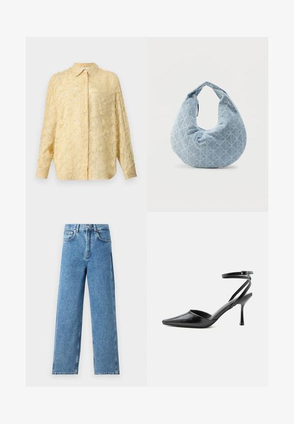 Blouse jaune clair à manches longues, en tissu texturé avec des détails effilochés, fermeture à boutons et col défini. Présente une coupe décontractée.; Jean droit bleu clair en denim, avec taille haute, fermeture à bouton sur le devant et design à cinq poches avec couture visible.; Escarpin noir à bout pointu avec fines brides de cheville et fermeture à boucle argentée sur fond clair uni.; Sac d'épaule en tissu bleu de forme arrondie, avec une texture à motifs et une poignée supérieure. Fermeture éclair et logo ton sur ton sur toute la surface.