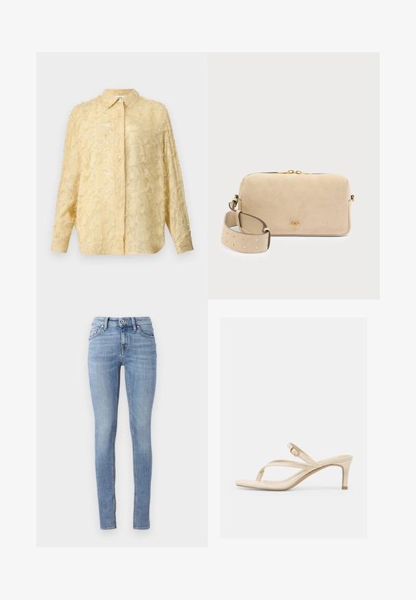 Blouse jaune clair à manches longues, en tissu texturé avec des détails effilochés, fermeture à boutons et col défini. Présente une coupe décontractée.; Jean skinny bleu clair en denim, avec une taille standard, cinq poches et des coutures contrastées le long des coutures.; Sandale à talon beige avec une boucle d'orteil, des lanières fines, une boucle dorée réglable et un petit talon kitten, sur fond blanc.; Sac en daim beige à texture lisse, forme rectangulaire, fermeture à glissière et détails métalliques dorés. Comprend une bandoulière amovible avec trous.