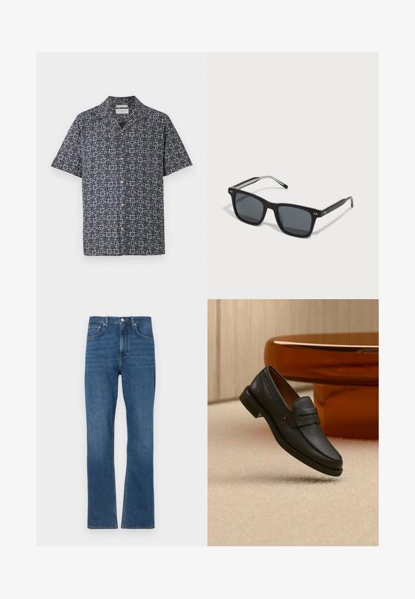 Kortærmet skjorte i marineblå med et hvidt abstrakt mønster, featuring knaplukning foran og krave. Blødt stof med en afslappet pasform.; Blå straight-leg denim jeans med frontknap, lynlås, bæltestropper og fem lommer synlige på en hvid baggrund.; Sort læder herreloafer med bånd tværs over toppen, vist på beige tæppe nær et brunt moderne rundt bord.; Sorte firkantede solbriller med mørke linser, plastikramme, metalaccenter og signaturlogo på bøjen. Slank design med et moderne udseende.