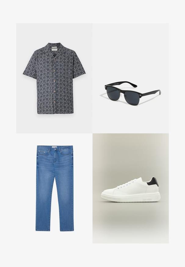 Chemise à manches courtes en navy avec un motif abstrait blanc, dotée d'un bouton devant et d'un col. Tissu doux avec une coupe décontractée.; Jeans en denim bleu clair avec une coupe droite, design à cinq poches, décoloration subtile et accents en métal au niveau de la taille et des poches.; Baskets basses blanches avec une semelle épaisse, fermeture à lacets sur le devant et languette de talon noire, marquées "Steve Madden" sur la semelle latérale.; Lunettes de soleil noires de forme rectangulaire, verres foncés, accents argentés aux tempes et finition mate sur la monture.