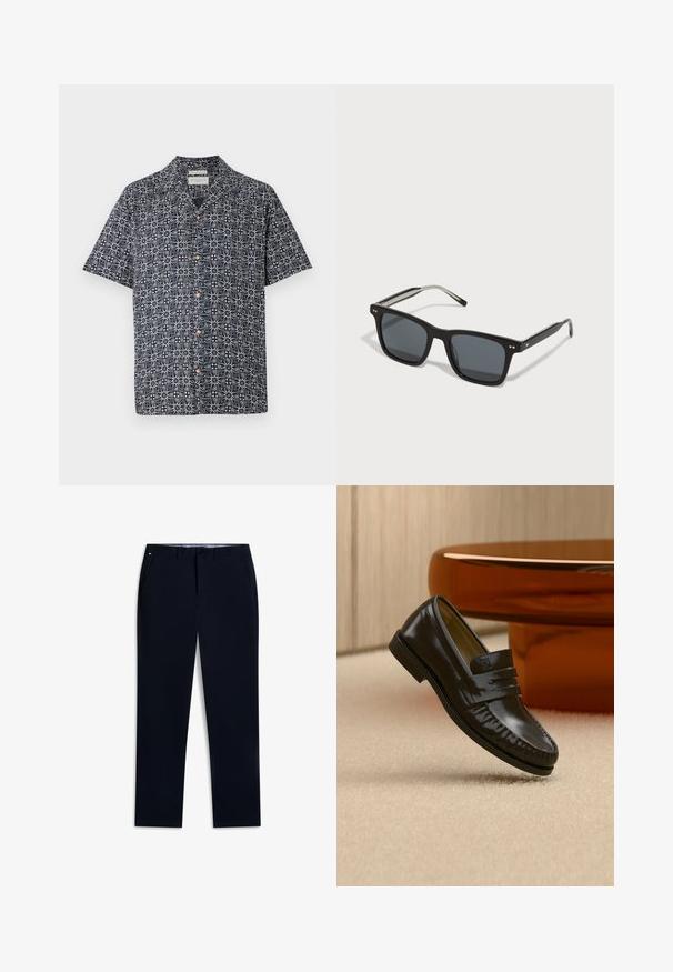 Chemise à manches courtes en navy avec un motif abstrait blanc, dotée d'un bouton devant et d'un col. Tissu doux avec une coupe décontractée.; Pantalon droit bleu marine foncé avec passants de ceinture, bouton sur le devant et poches latérales, posé à plat sur fond blanc.; Mocassin en cuir noir brillant avec un détail de bride, posé sur un tapis beige près d'une table basse ronde en bois brun dans une pièce doucement éclairée.; Lunettes de soleil carrées noires avec des verres foncés, monture en plastique, accents en métal et logo emblématique sur la branche. Design élégant avec un look moderne.