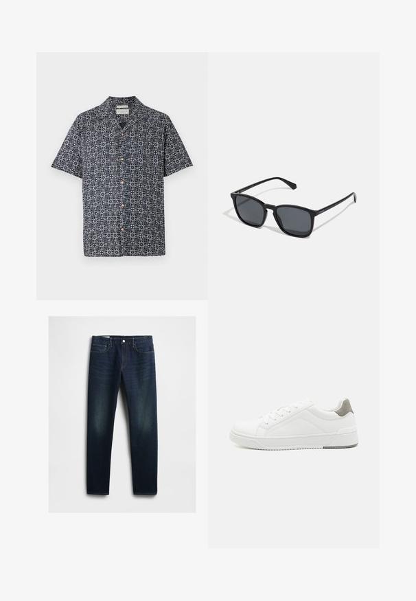 Chemise à manches courtes en navy avec un motif abstrait blanc, dotée d'un bouton devant et d'un col. Tissu doux avec une coupe décontractée.; Jean en denim bleu foncé avec une coupe droite, comportant cinq poches, une braguette à boutons et un léger décoloration sur les cuisses. Détails de couture classiques.; Basket blanche en cuir lisse, à bout arrondi, design minimaliste, accent de talon gris et semelle en caoutchouc texturé.; Lunettes de soleil noires rectangulaires avec des verres foncés, des montures en plastique élégantes et des branches droites. Présente un logo discret sur le côté.