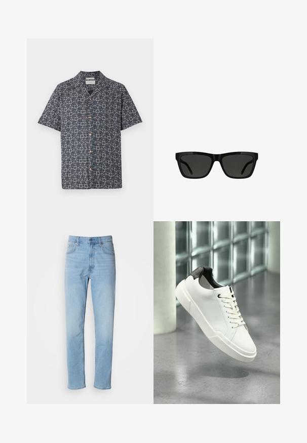 Chemise à manches courtes en navy avec un motif abstrait blanc, dotée d'un bouton devant et d'un col. Tissu doux avec une coupe décontractée.; Jean en denim bleu clair avec une coupe droite, cinq poches et passants de ceinture. Le tissu présente une texture lisse avec un léger effet dégradé.; Baskets basses blanches avec languette de talon noire texturée, lacets blancs et semelle épaisse sur un sol en béton poli près de blocs de verre.; Lunettes de soleil noires à monture rectangulaire en plastique brillant, verres foncés et branches élégantes, adaptées à diverses formes de visage.