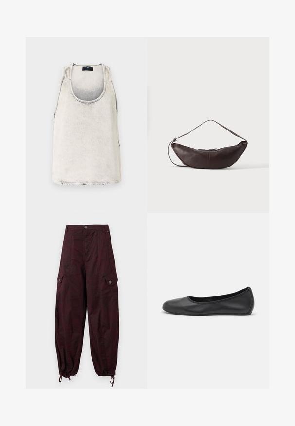 Débardeur en coton de couleur blanc délavé avec un décolleté en bateau et des coutures latérales. Présente une texture subtile et une petite étiquette de marque au niveau du décolleté.; Pantalon cargo taille haute couleur bordeaux foncé avec poches à rabat, fermetures par boutons, braguette zippée et cordons réglables aux ourlets.; Ballerines en cuir noir avec un bout rond, texture lisse, détails de couture minimalistes et design de semelle flexible.; Sac d'épaule en cuir marron foncé en forme de croissant avec une lanière courbée et des coutures visibles sur fond uni.