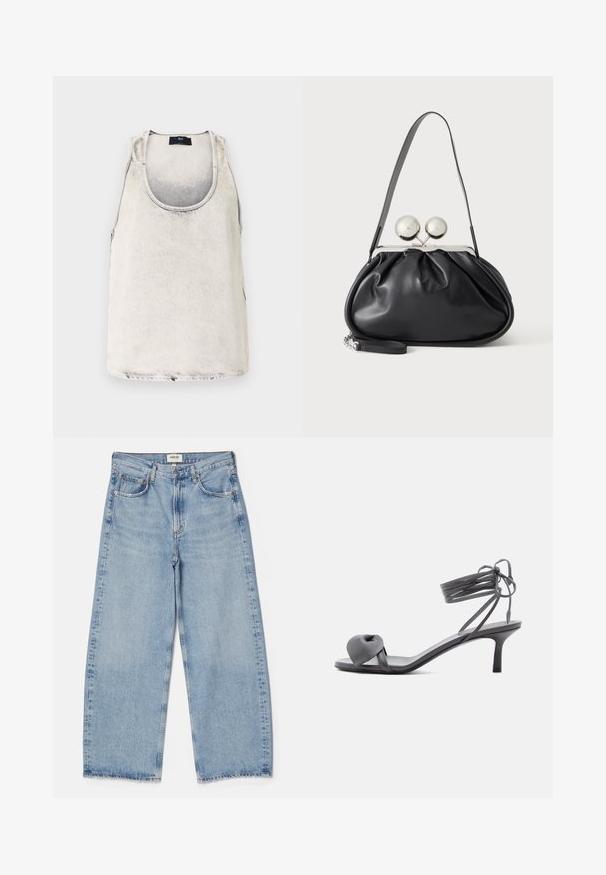 Débardeur en coton de couleur blanc délavé avec un décolleté en bateau et des coutures latérales. Présente une texture subtile et une petite étiquette de marque au niveau du décolleté.; Agolde Jean baggy - light-blue denim; Sandale à talon en cuir gris avec une bride nouée sur les orteils et des lacets enroulants autour de la cheville, sur un talon moyen et fin, sur fond blanc.; Sac à main en cuir noir avec un design plissé, une sangle unique, un cadre métallique argenté et deux grandes fermoirs ronds en argent.