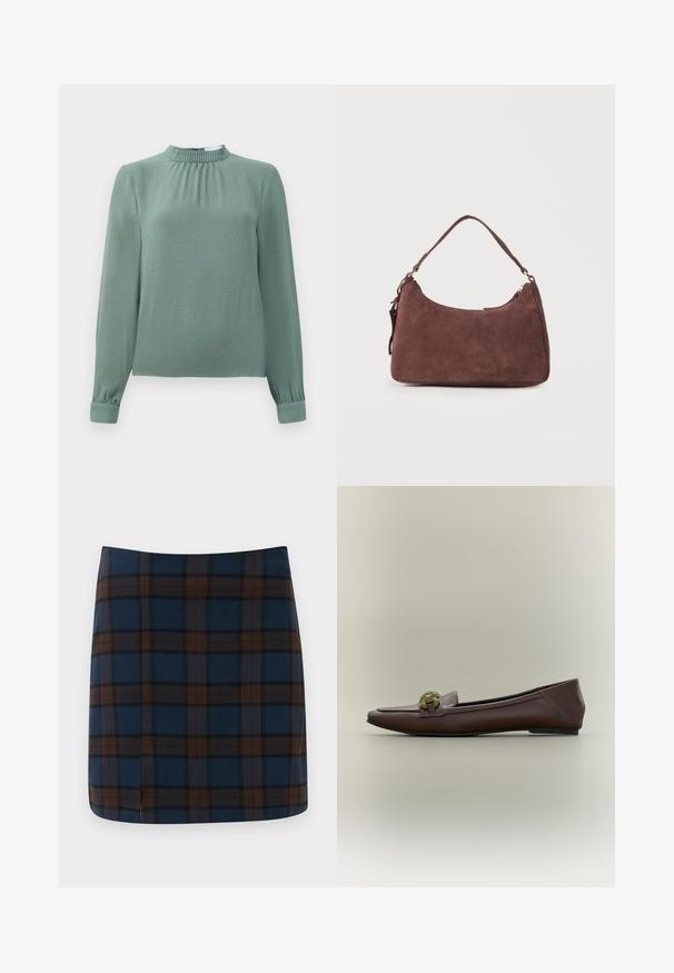 Blusa de manga larga en tela verde suave, con cuello alto con volantes, detalles fruncidos en el pecho y puños con botones.; Falda mini a cuadros azul marino con líneas marrones y grises, fabricada en una tela suave, con una sutil abertura en la parte trasera para mayor comodidad al moverse.; Mocasín plano de cuero marrón con punta cuadrada y detalle de cadena dorada en la parte superior, mostrado sobre un fondo neutro.; Bolso de hombro de ante marrón con un solo asa y cierre de cremallera, mostrado contra un fondo claro y liso.