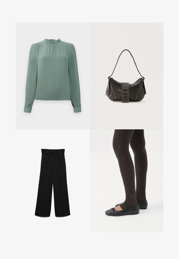 Blusa de manga larga en tela verde suave, con cuello alto con volantes, detalles fruncidos en el pecho y puños con botones.; Pantalones negros de pierna ancha con una pretina alta, que cuentan con dos botones frontales y una textura suave. Corte recto con pliegues en la parte delantera.; Piernas con leggings oscuros acanalados combinados con bailarinas negras que presentan pequeños detalles de lazo sobre un fondo blanco.; Bolso de hombro de cuero negro con detalle de correa con hebilla, bordes curvos y costuras blancas en contraste sobre un fondo liso.