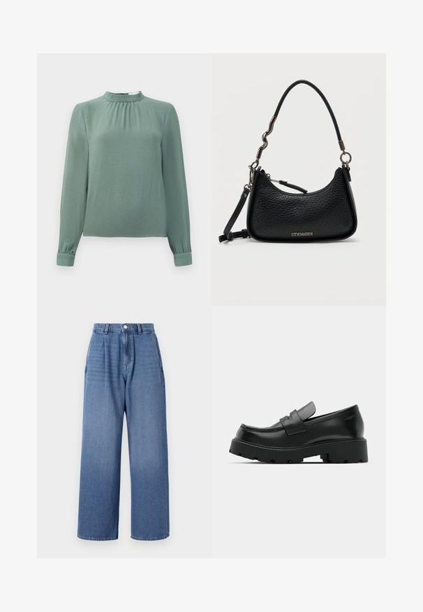 Blusa de manga larga en tela verde suave, con cuello alto con volantes, detalles fruncidos en el pecho y puños con botones.; Jeans de mezclilla anchos de color azul claro con una cintura alta, que presentan pliegues, un cierre de botón y un dobladillo sin terminar en la parte inferior.; Mocasines de cuero negro con suela gruesa y texturizada, que presentan una correa sobre el empeine y un acabado suave y pulido.; Bolso Steve Madden de cuero negro texturizado con cremallera curva en la parte superior, asa corta irregular de metal y cuero, y correa desmontable.