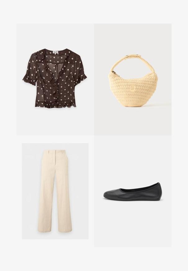 Blusa marrón transparente de manga corta con lunares blancos, bordes fruncidos en el cuello, las mangas y el dobladillo, y cierre frontal con botones.; Pantalones beige de tiro alto con pierna ancha, trabillas para cinturón y detalles de costuras, mostrados planos sobre un fondo gris claro.; Bailarina de piel negra con punta redondeada, textura suave, detalle de costura minimalista y diseño de suela flexible.; Bolso tejido beige con cuerpo redondeado, cierre de cremallera y una correa corta y gruesa en un estilo de crochet simple y texturizado.