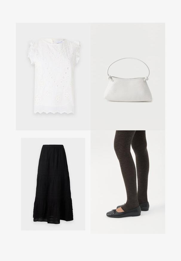 Blouse blanche ornée de broderies complexes, d'empiècements circulaires et de manches à volants décoratives, avec un ourlet festonné.; Jupe longue noire à volants avec taille élastique, plis horizontaux subtils et détails en dentelle.; Jambes portant des leggings côtelés foncés associés à des ballerines noires avec de petits détails en nœud sur fond blanc.; Sac à main en cuir tressé blanc avec poignée arrondie et extrémités de lanière nouées, présenté sur un fond uni.