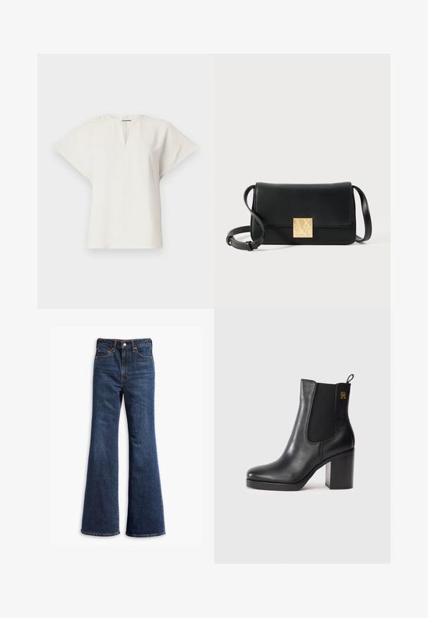 Haut blanc à manches courtes avec un décolleté en V et une silhouette décontractée. Tissu lisse avec un éclat subtil et fentes latérales pour un confort de mouvement.; Jeans en denim bleu foncé taille haute avec jambes évasées, fermeture à boutons et zip à l'avant, et conception à cinq poches.; Bottines en cuir noir avec talon bloc, panneau élastique sur les côtés, languette d'enfilage et petit logo doré sur le dessus.; Sac bandoulière noir rectangulaire en cuir texturé, avec un fermoir à logo carré doré et une bandoulière ajustable.